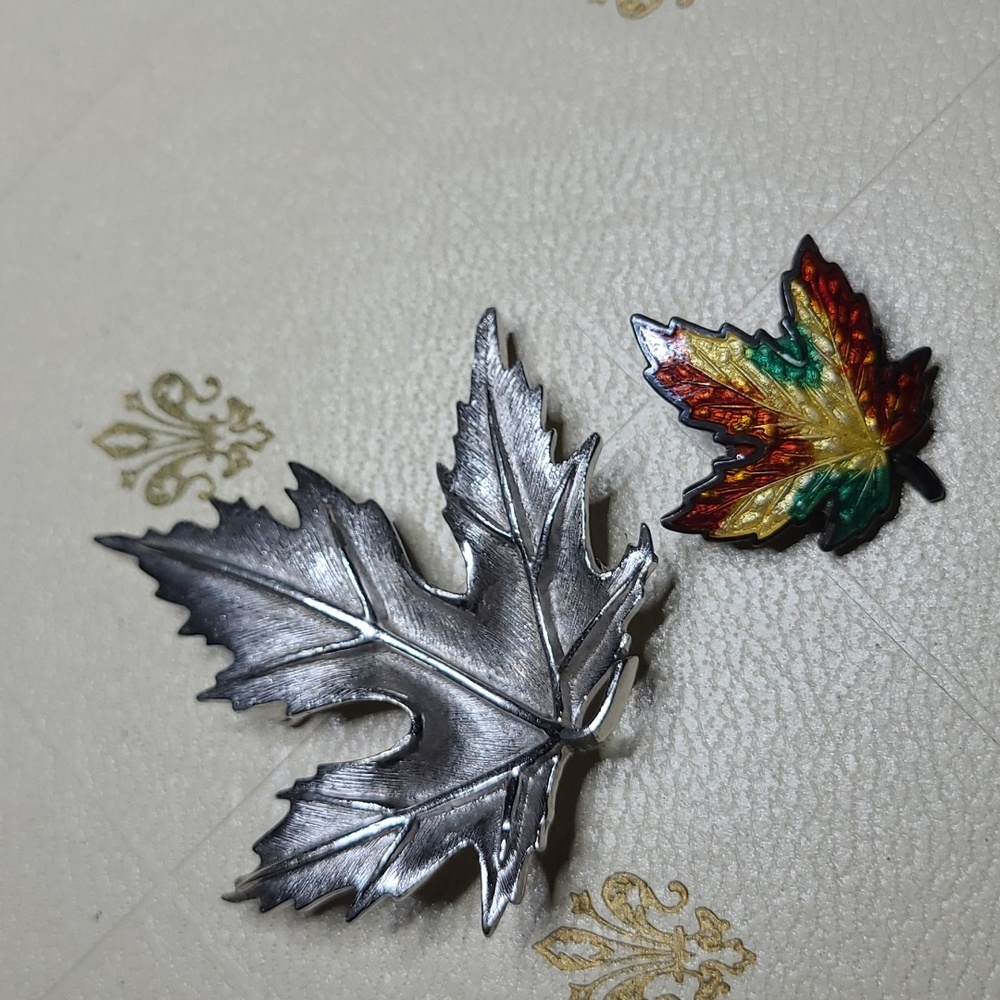Silvertone and Sterling Enamel Maple Leaf Brooch Duo